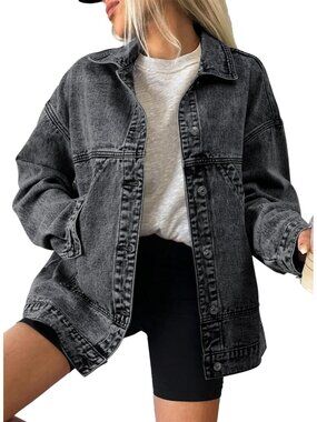 Women's Dark Grey Long Sleeve Fall Winter Casual Pockets Jean Jacket Coat